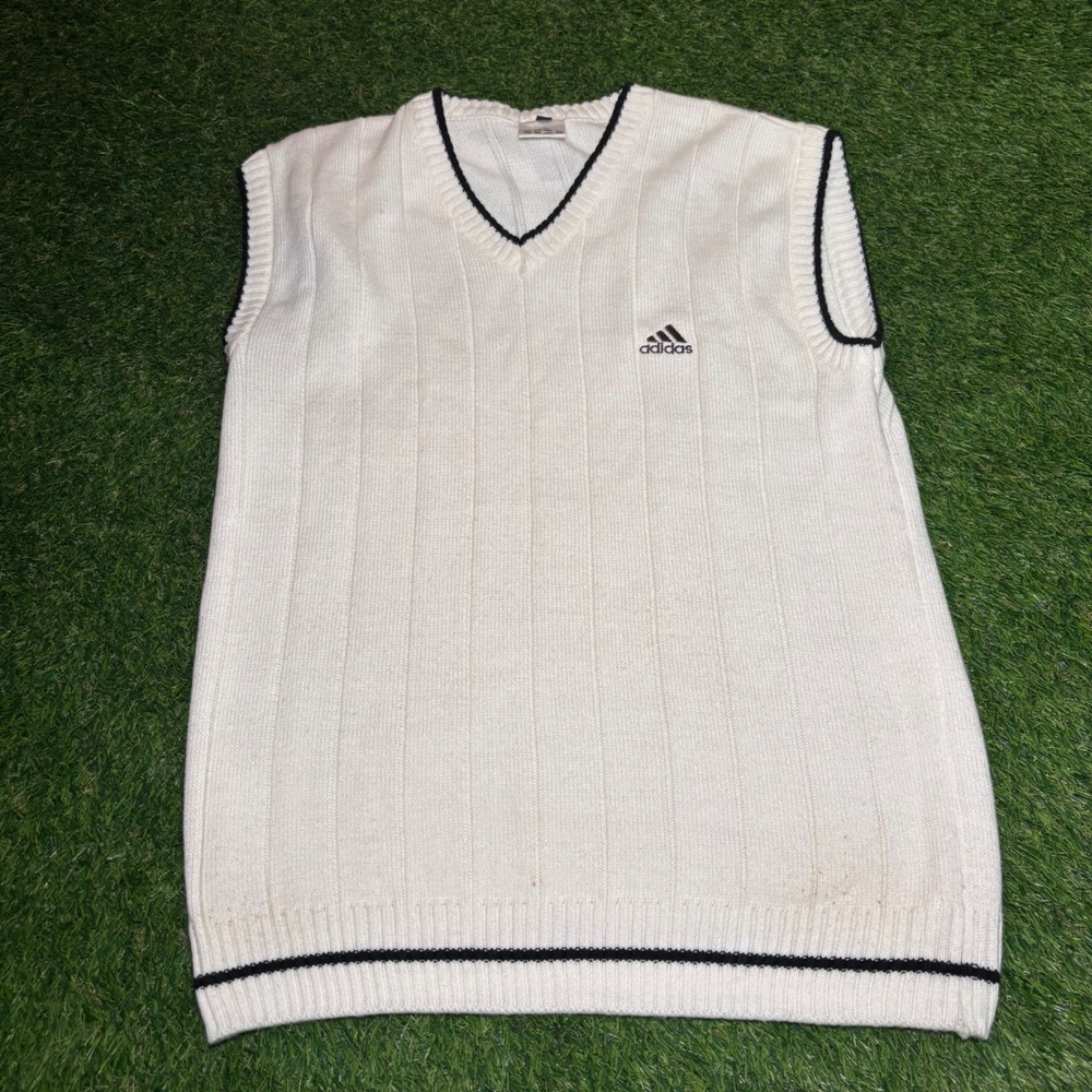 Adidas Vintage Sweater Vest Cream White V-Neck Ribbed Knit Sleeveless XL